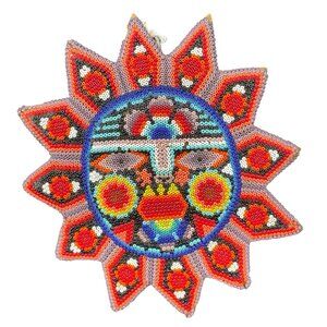 Huichol Folk Art Mexican Tribal Beadwork Sun on Wood Wall Plaque Hand Made VTG